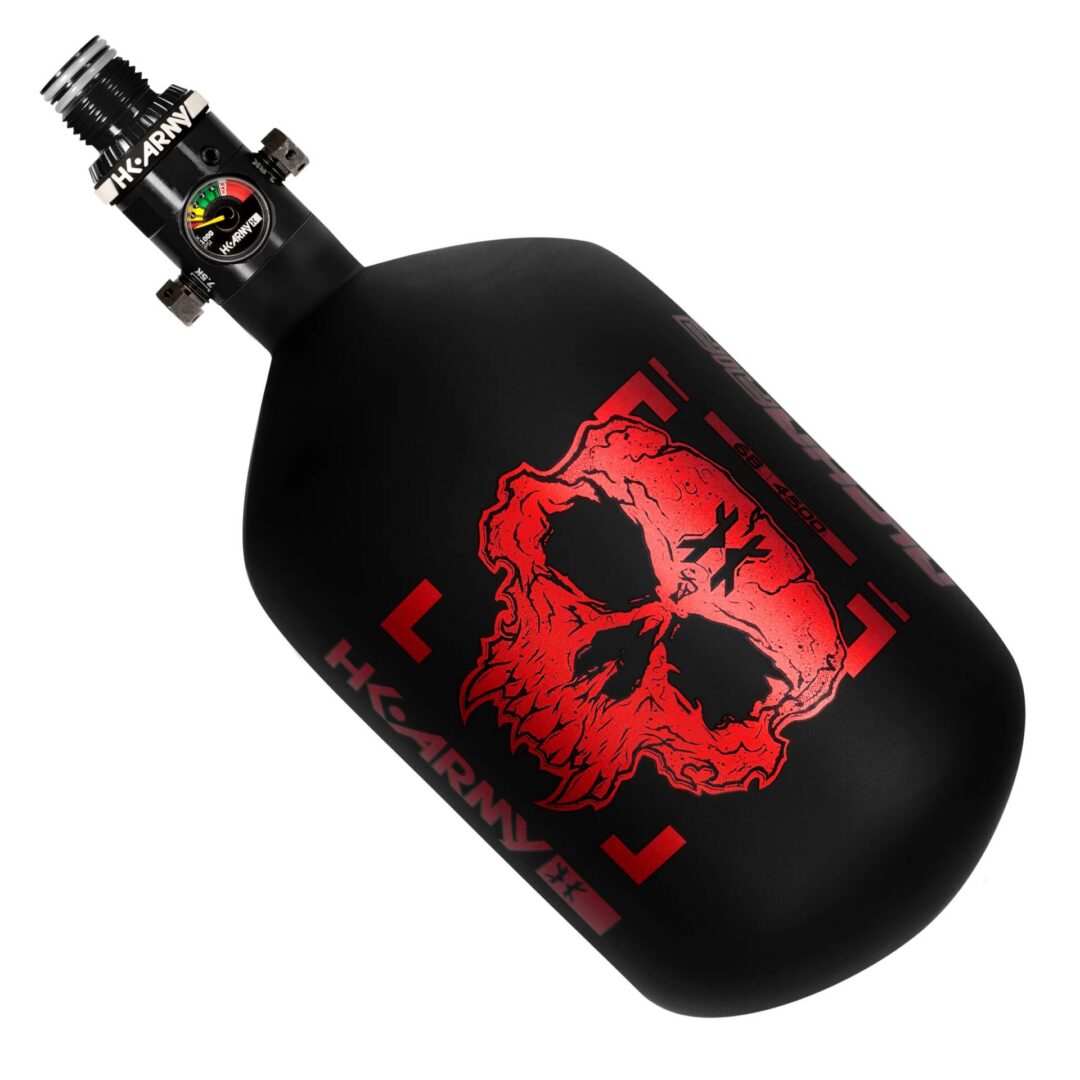 HK Army Alpha Air - 68ci/4500psi HP8 Air System, a black high-pressure paintball tank with a red skull graphic and a pressure gauge.