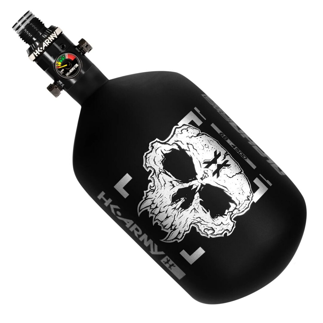 Black HK Army Alpha Air - 68ci/4500psi HP8 Air System compressed air tank for a paintball marker, featuring a skull graphic, a pressure gauge, and a fill valve.