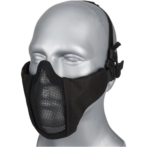 Lancer G-Force Low Carbon Steel Mesh Nylon Lower Face Mask in black with a metal mesh nose and mouth guard on a grey mannequin head.