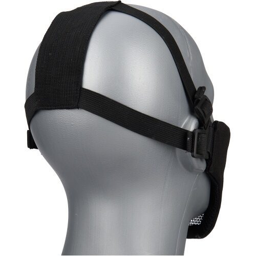 A black Lancer G-Force Low Carbon Steel Mesh Nylon Lower Face Mask with mesh plating and adjustable elastic head straps worn on a mannequin head.