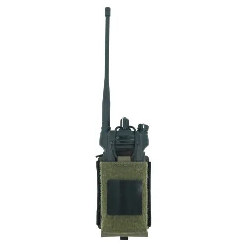 A handheld two-way radio with a tall antenna secured in a Haley Strategic APX® Radio Pouch.