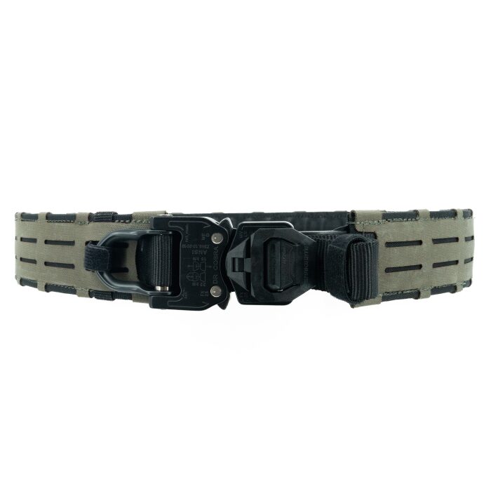 Haley Strategic D3 Belt in olive drab, featuring a black metal quick-release buckle and integrated MOLLE slots.