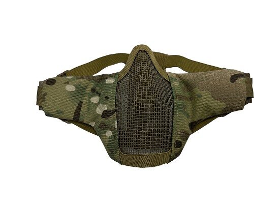 High Power Airsoft Cloth & Mesh BB Shield featuring a camo-patterned half-face mask with a central metal mesh shield and elastic head straps.