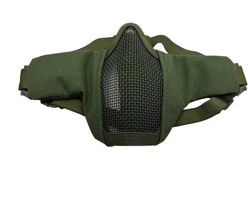 High Power Airsoft Cloth & Mesh BB Shield, an olive green face mask featuring a black metal mesh center panel over the nose and mouth with adjustable fabric side straps.