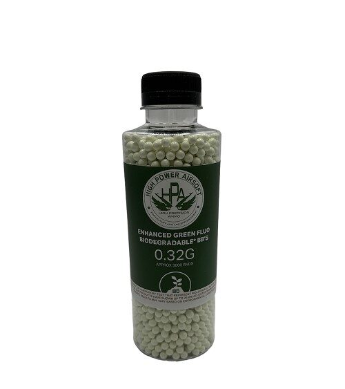 Clear plastic bottle filled with 0.32g High Power Airsoft Green Bio Tracer BBs.