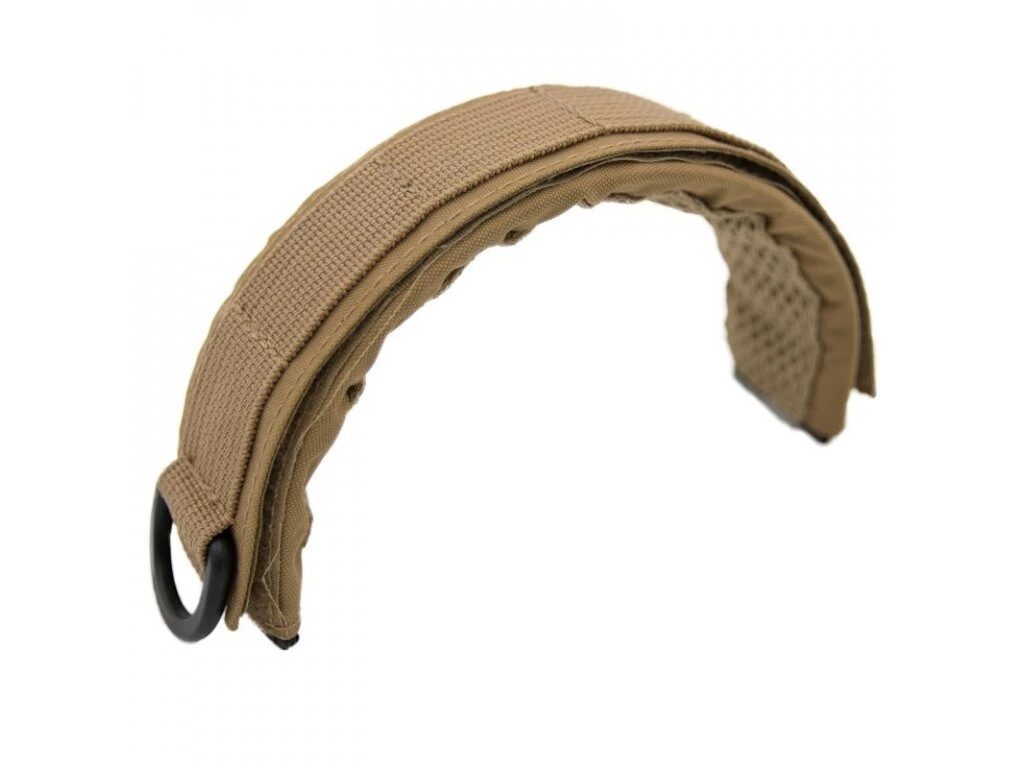 Tan Earmor M61 Headset Headband Cover featuring a D-ring attachment on one end.