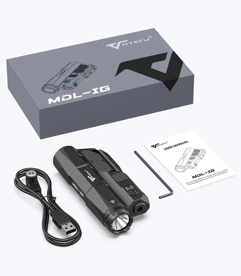 VOTATU MDL-IG Green Laser/Light/IR Laser Sight Combo 3000LM weapon-mounted light and laser sight with its box, USB charging cable, hex key, and user manual.