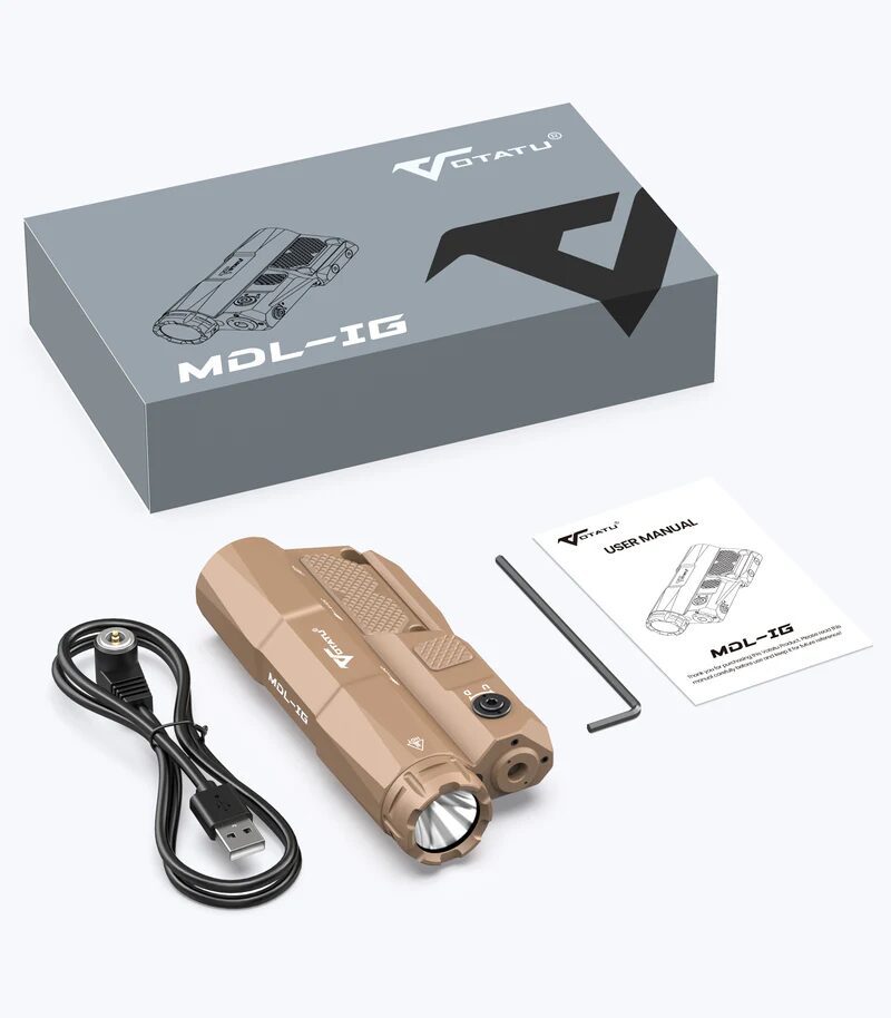 Tan VOTATU MDL-IG Green Laser/Light/IR Laser Sight Combo 3000LM with a USB charging cable, hex key, and user manual, packaged in a gray box.