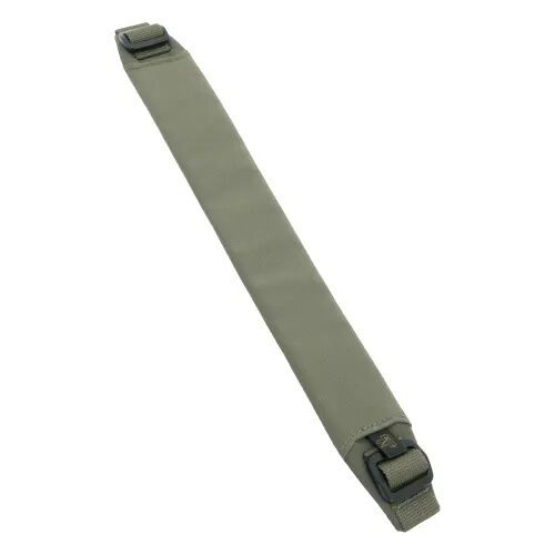 Close up of a green condor tactical sling with a black buckle on a white background