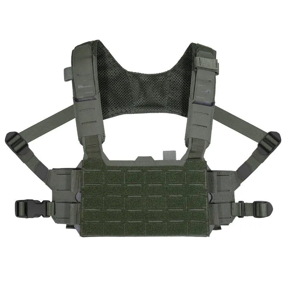 Close up of a green chest rig on a white background