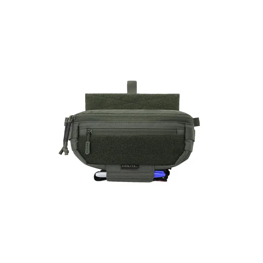 Small, green, molle waist pack with a blue handlebar attached to it