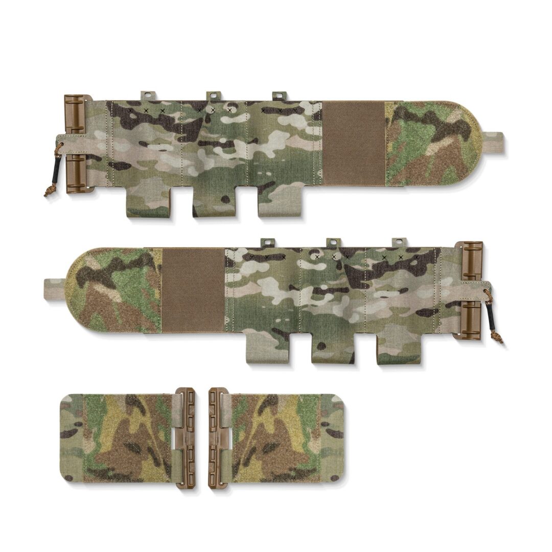 ACETAC Tubes® Elastic Cummerbund featuring camouflage-patterned elastic segments with quick-release buckles and velcro attachment points.