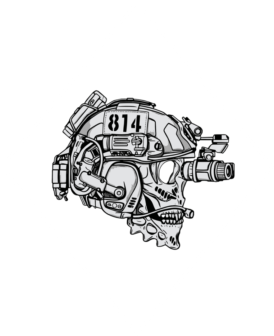 Black and white drawing of a skull wearing a helmet with a camera on it, set against a white background